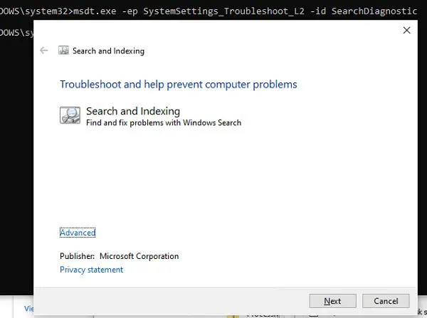 solucionador de problemas de índice de búsqueda de Windows 10