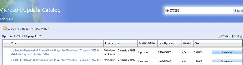 Descargue KB4577586 (actualización para la eliminación de Adobe Flash Player) del catálogo de actualizaciones de Microsoft