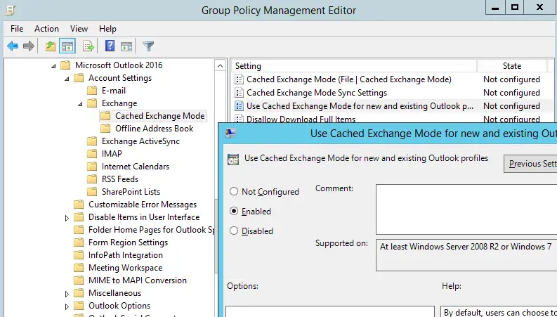cambiar la configuración de Outlook (oficina) usando admx temlates en gpo