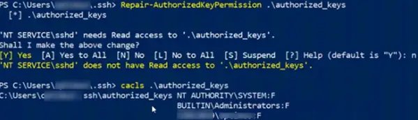 clave de reparación autorizada en el servidor de Windows openssh