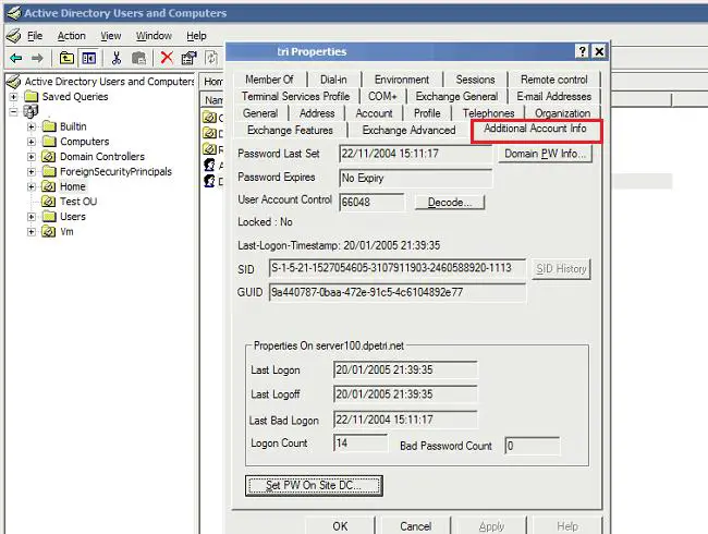 Ficha Información de cuenta adicional en la consola del directorio activo en Windows Server 2003