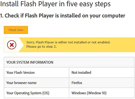 flash player no está instalado en windows 10