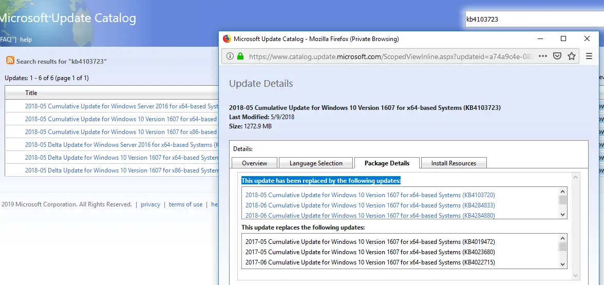 catálogo de actualización de Windows: detalles de actualización e información de reemplazo
