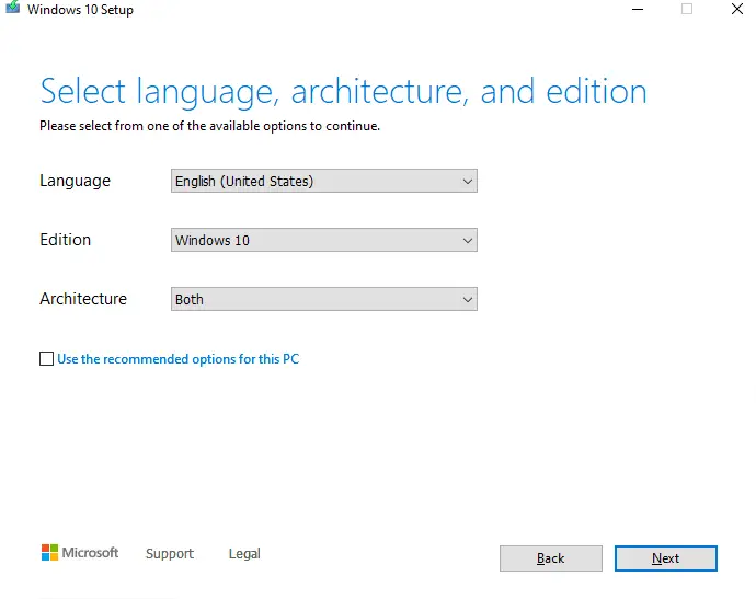 seleccione el idioma, la edición y la arquitectura de Windows 10