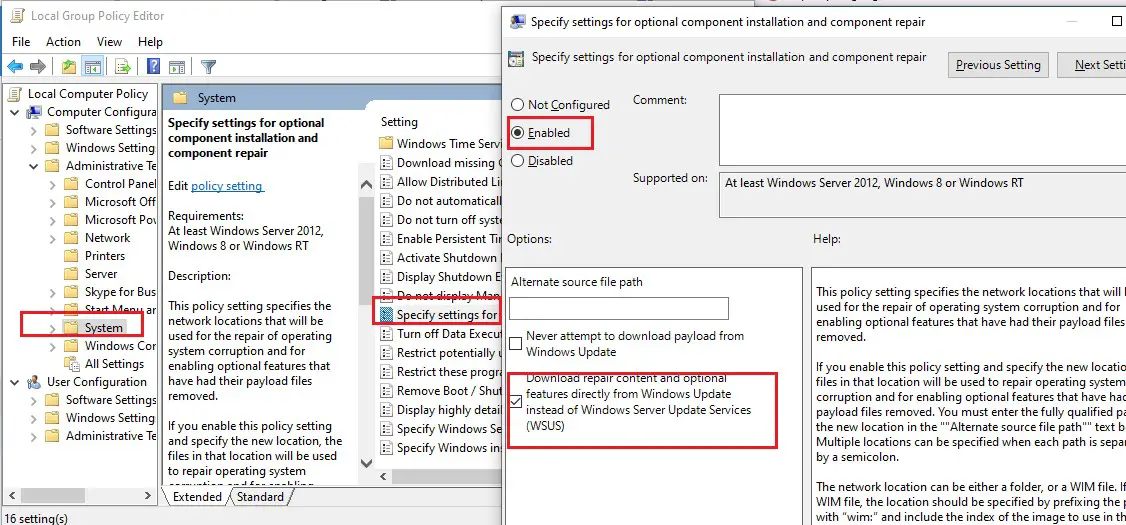 política de Windows 10 1903 Especifique la configuración para la instalación y reparación de componentes opcionales, y marque la opción Descargar contenido de reparación y características opcionales directamente desde Actualizaciones de Windows en lugar de Servicios de actualizaciones de Windows Server (WSUS)
