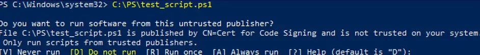 El archivo ps1 es publicado por CN= y no es de confianza en su sistema. Solo ejecute scripts de editores de confianza.