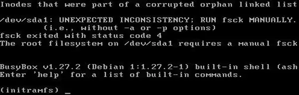 linux busybox INCONSISTENCIA INESPERADA, el sistema de archivos /dev/sda1 requiere un fsck manual