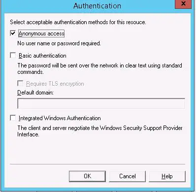 Configuración de autenticación SMTP: acceso anónimo 