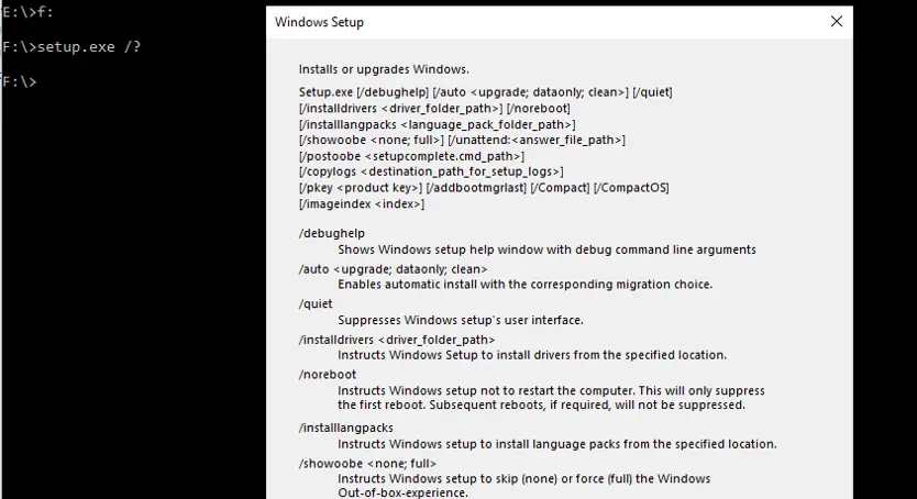 parámetros de línea de comandos exe de configuración de Windows 10