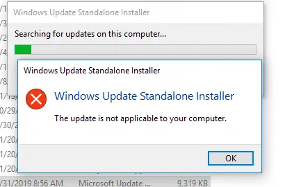 Instalador independiente de Windows Update: la actualización no se aplica a su computadora