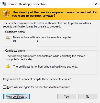 Advertencia de conexión a escritorio remoto (RDP): el certificado no es de una autoridad de certificación confiable