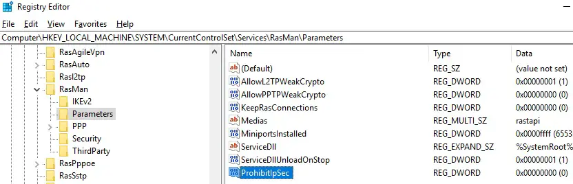 AllowL2TPWeakCrypto y ProhibitIpSec para la conexión l2tp ipsec vpn detrás de un NAT en Windows