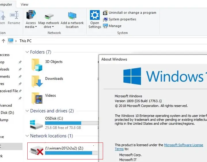 Un rojo "X" aparece en el icono de una unidad de red asignada en Windows 10 18093