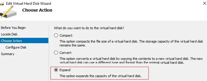 expanda el archivo vhdx en el host de windows hyper-v