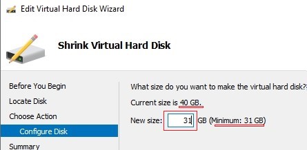 reducir el archivo del disco duro virtual usando el administrador de hiper-v