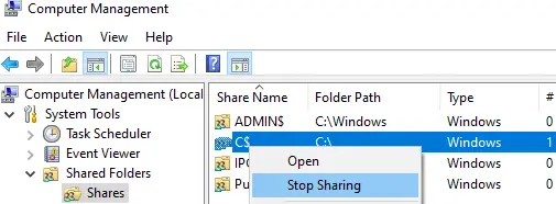 dejar de compartir recursos compartidos de administrador ocultos en Windows 10