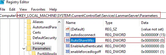 AutoShareWks: clave de registro para deshabilitar / habilitar los recursos compartidos administrativos predeterminados de Windows