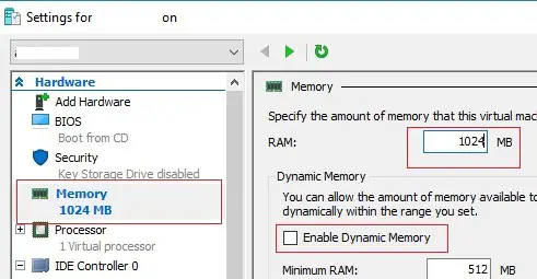 hyper-v vm: aumente la memoria asignada y deshabilite la RAM dinámica