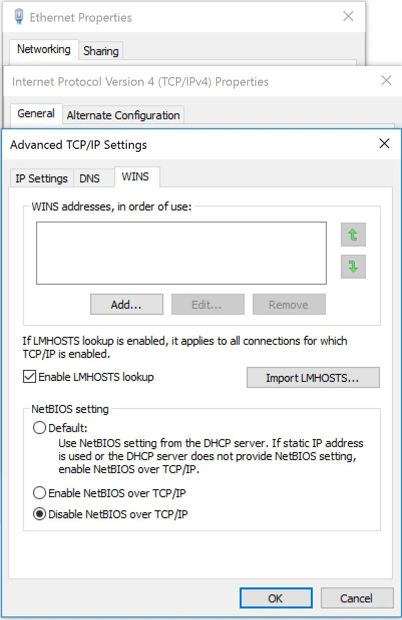 Deshabilite NetBIOS sobre TCP en las propiedades de conexión
