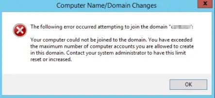 Su computadora no se pudo unir al dominio. Ha excedido la cantidad máxima de cuentas de computadora que puede crear en este dominio.