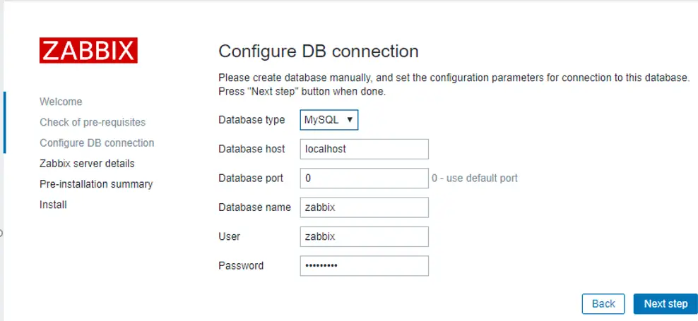 configurar la conexión zabbix a la base de datos mysql