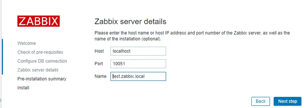 establecer el nombre de host del servidor zabbix y el puerto 10051