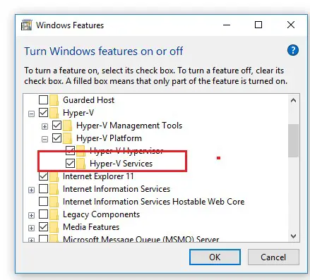instalar la función Hyper-V-Services en Windows 10