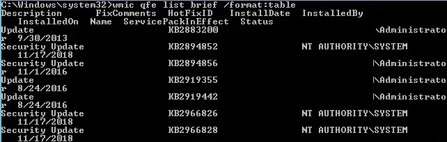 resumen de la lista wmic qfe: muestra la lista de las actualizaciones de Windows instaladas en una computadora