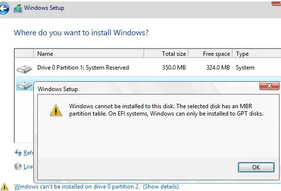 Windows no se puede instalar en este disco. El disco seleccionado tiene una tabla de particiones MBR. En el sistema EFI, Windows solo se puede instalar en discos GPT