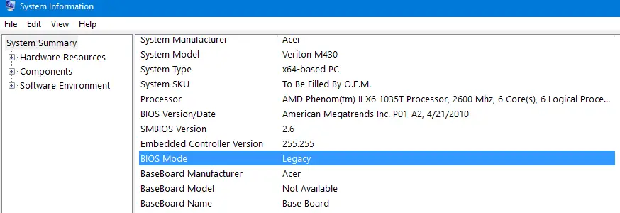 Cómo verificar si su PC usa BIOS heredado o UEFI en Windows 10 con msinfo32