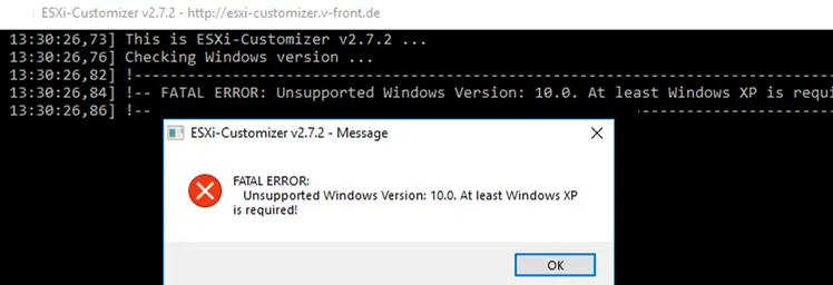 ERROR FATAL de ESXi-Customizer: Versión de Windows no compatible: 10.0