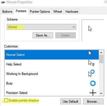 deshabilite la sombra del puntero del mouse y use el esquema no en el servidor de Windows rdsh
