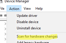 busque cambios de hardware con el administrador de dispositivos