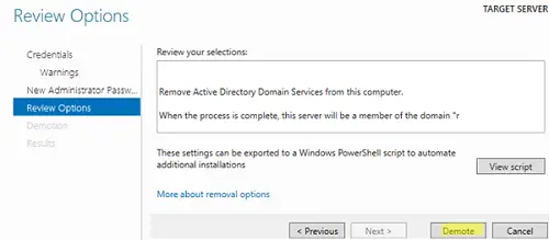 desinstalar la función de controlador de dominio en el servidor de Windows