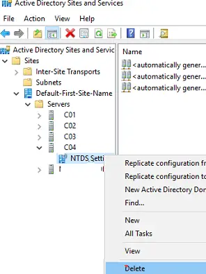 Eliminar la cuenta del controlador de dominio en el complemento Sitios y servicios de Active Directory