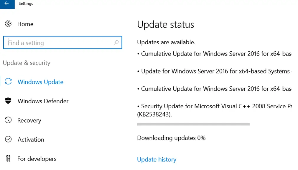 Windows Server 2016 - Descarga de actualizaciones 0%
