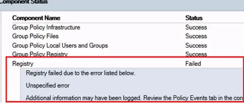 El registro de directivas de grupo falló debido al siguiente error que se detalla a continuación.