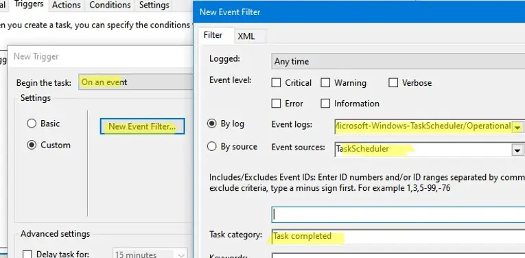 nuevo filtro de eventos de tareas por registro del programador de tareas