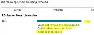 Rol de host de escritorio remoto: no se pudo eliminar la configuración. Referencia a objeto no establecida como instancia de un objeto.