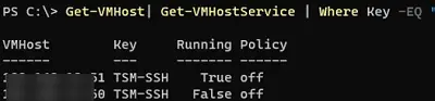 verifique el servicio ssh en hosts esxi a través de powershell