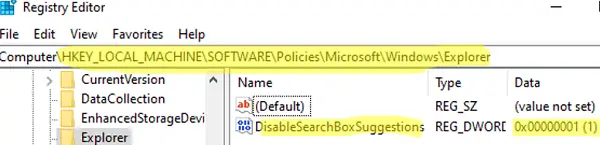 DisableSearchBoxSuggestions: desactive la búsqueda web en Windows, deshabilite la sugerencia de consultas recientes