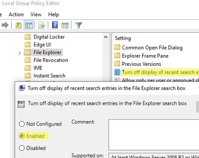 Opción GPO: desactive la visualización de entradas de búsqueda recientes en el cuadro de búsqueda del Explorador de archivos 