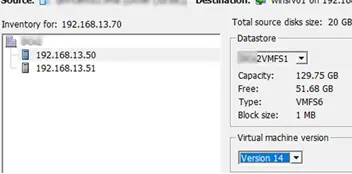 seleccione el almacén de datos de vmfs y la versión de hardware de vm
