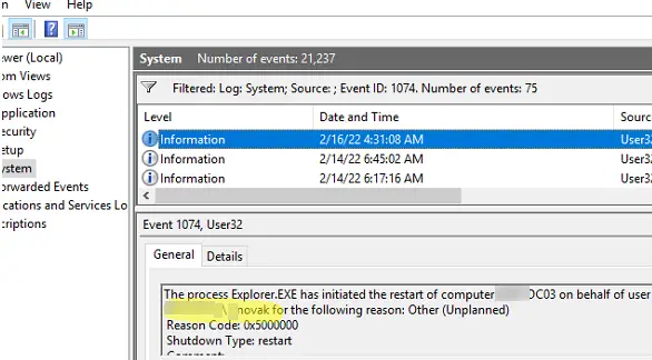 ¿Cómo saber quién reinició Windows usando el Visor de eventos?