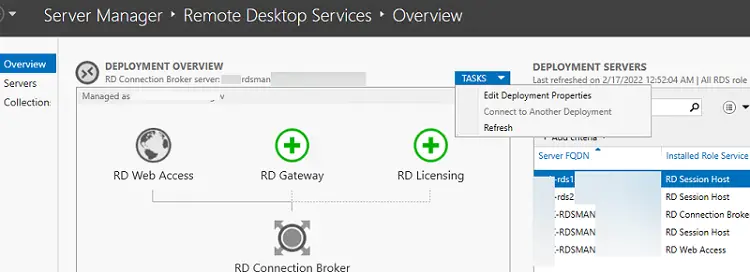 Edite las propiedades de implementación de RDS a través del Administrador del servidor en Windows Server 2019